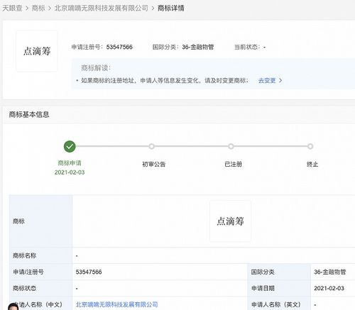 滴滴關(guān)聯(lián)公司申請(qǐng) 點(diǎn)滴籌 商標(biāo),國(guó)際分類為金融物管